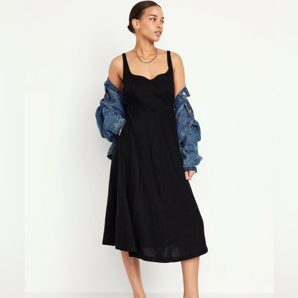 Old Navy Womens Large Linen Blend Fit and Flare Black Midi Dress NWT Smocked